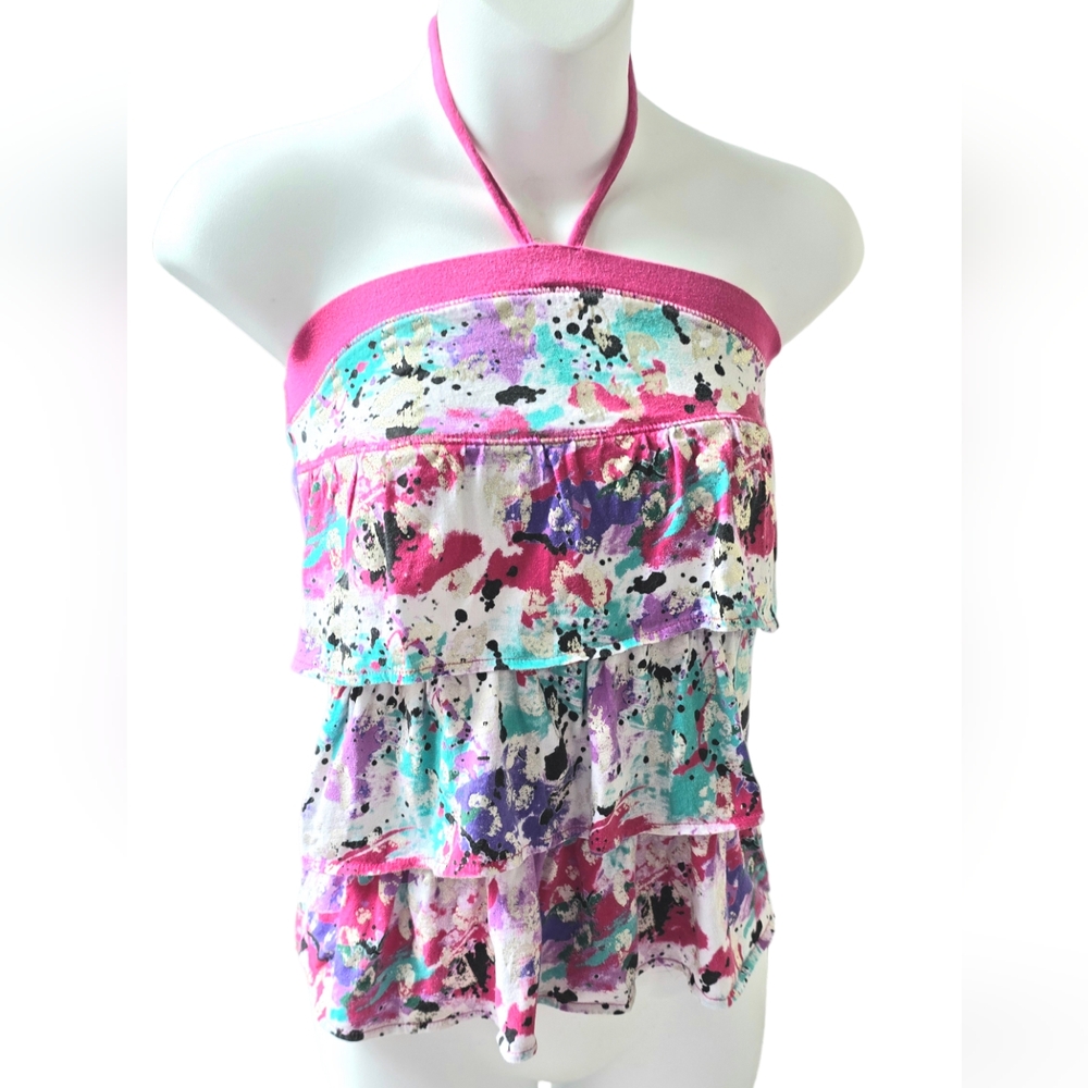 Justice top sz 8 | ruffles & splash print | metallic gold | halter tie